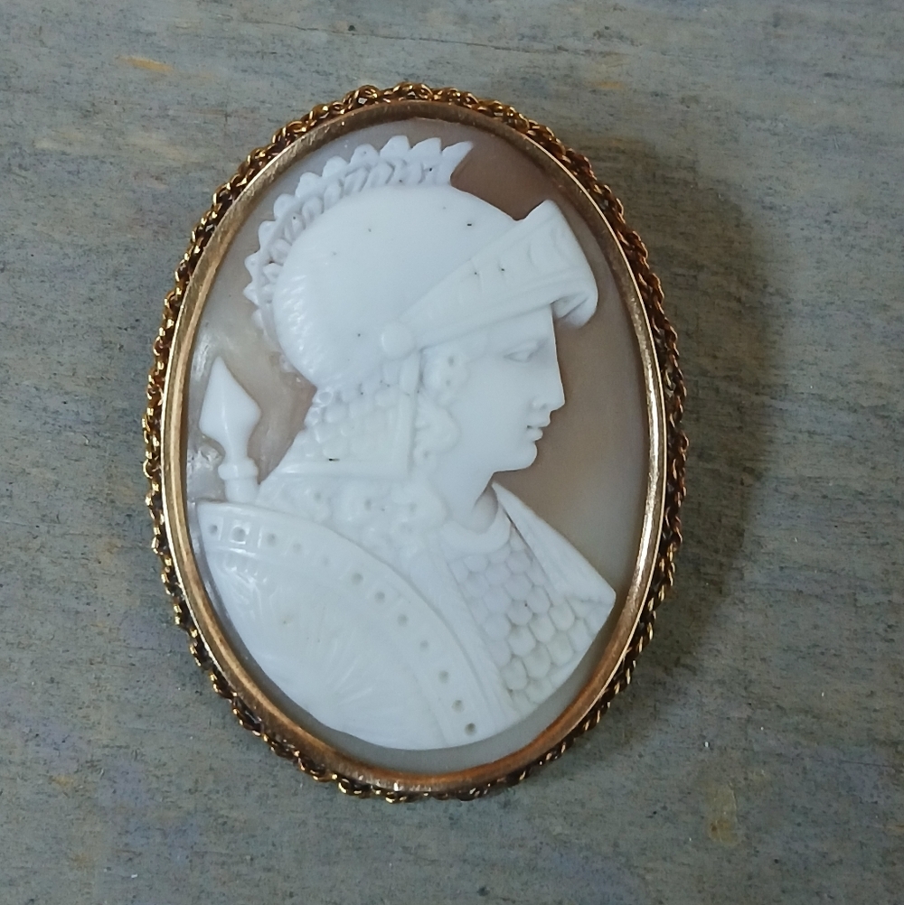Antique Victorian Carved Shell Cameo 14K Rose Gold Brooch Roman Greek Warrior - Picture 1 of 16